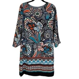 CROWN & Ivy Calypso Sail Away 3/4 sleeve Grey Floral Shift Dress Size 4